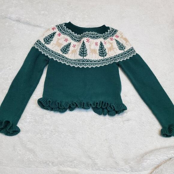 Tahari Green Cream Metallic Christmas Nordic Winter Knit Ruffle Sweater Girl 4T - Picture 1 of 5